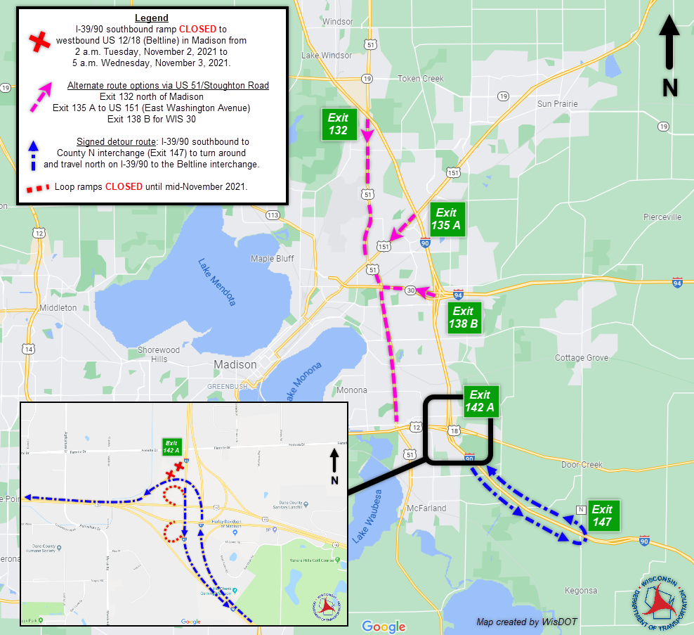 The I-39/90 southbound ramp is closing for the Beltline for 27 hours early Tuesday, WisDOT says I39 map.png